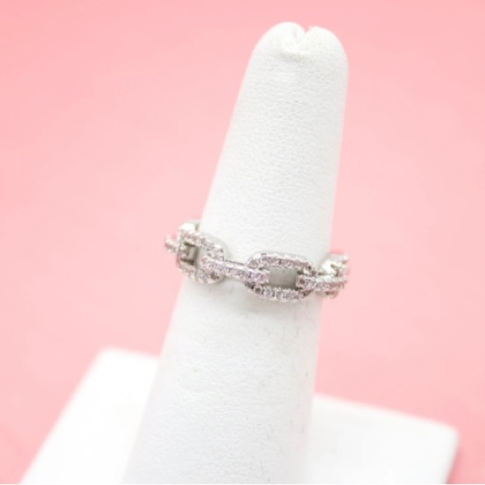 Rhodium plated Silver Chain Link Ring Adjustable Rhinestone
